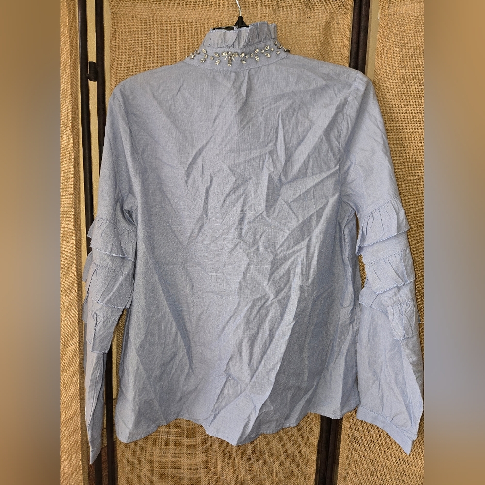 NWT Women's Crown & Ivy Light Blue Ruffled Long Sleeve Blouse Rhinestones Size M - Picture 12 of 12
